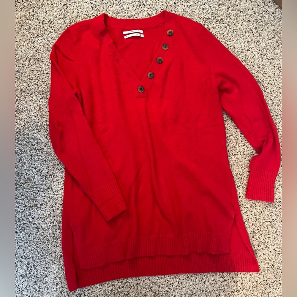 Anthropology sweater. Red V-neck with button detail. Gorgeous red color